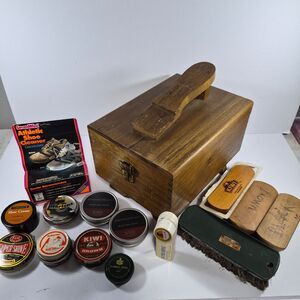 Vintage Wooden Shoe Shine Kit Box Mens Brown Black Brushes Polish Set